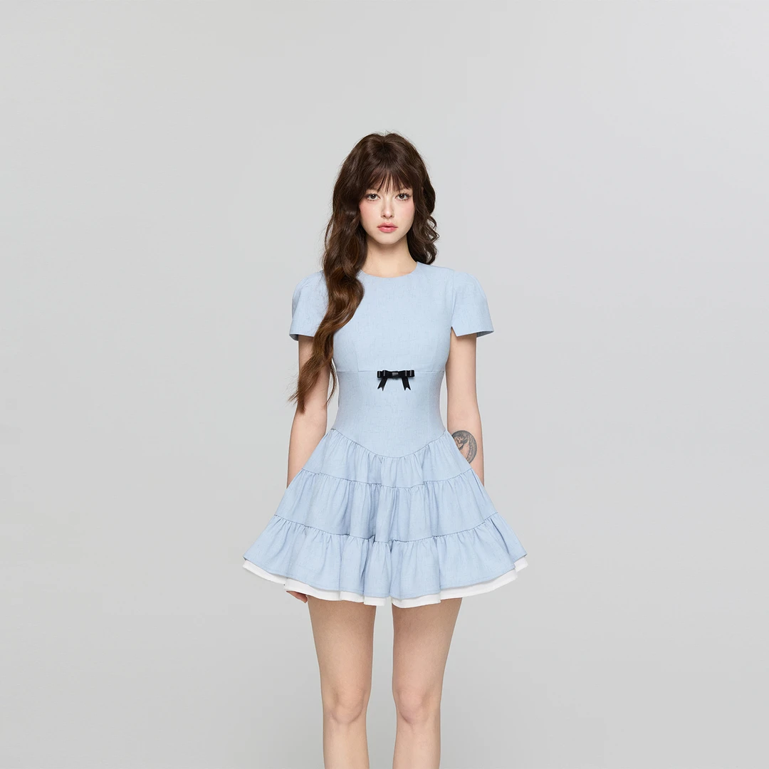 avenement/蝴蝶结短袖连衣裙/收腰拼接显瘦设计感a字短裙女夏季