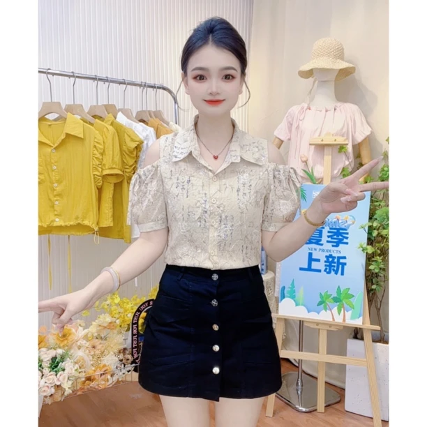 2025夏季新中式印花衬衫短袖2025新款设计感小众气质露肩上衣