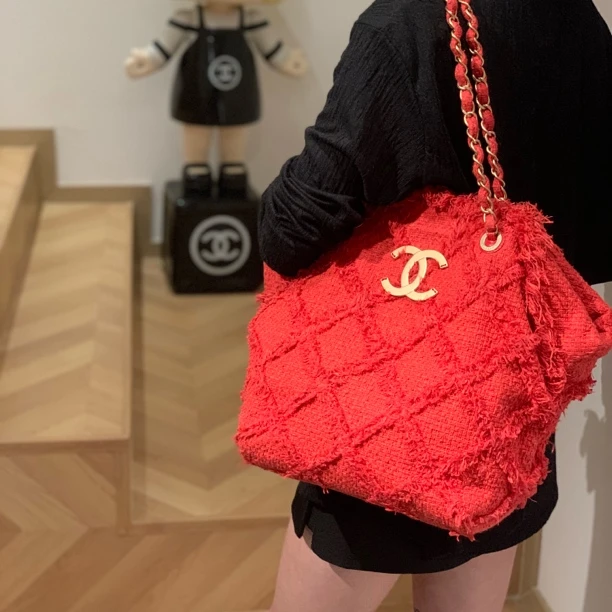 95新 Chanel/香奈儿 YUMU中古/Chanel红色亚麻单肩包