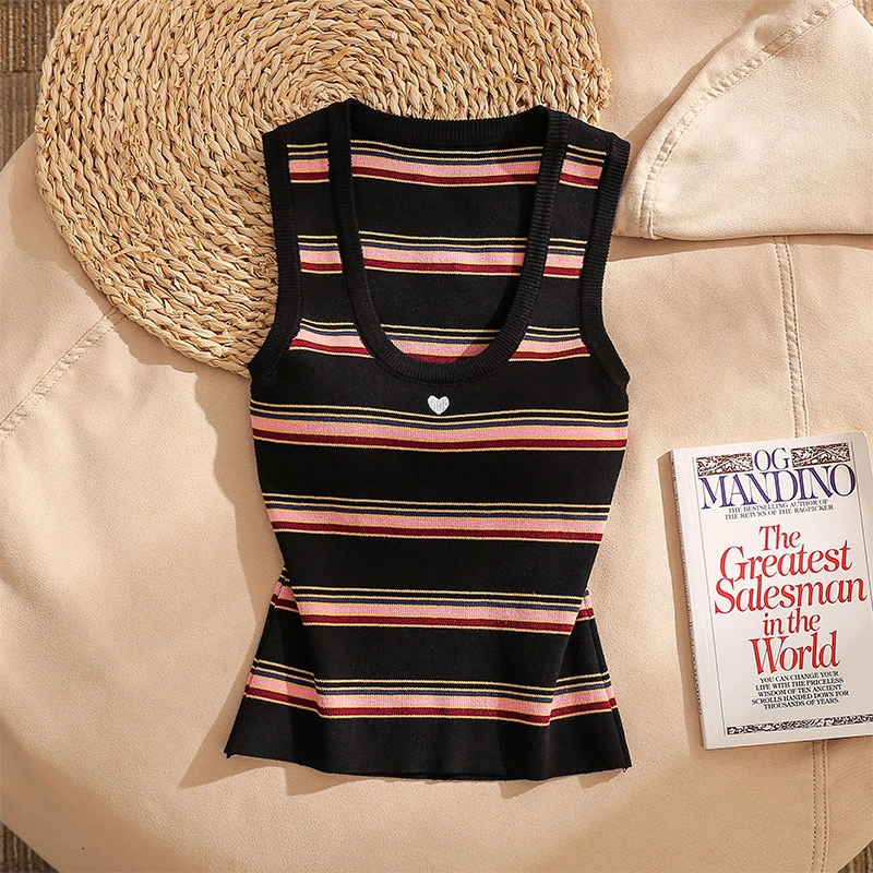 撞色条纹刺绣u领吊带背心女夏季修身内搭甜辣妹无袖外穿显瘦上衣