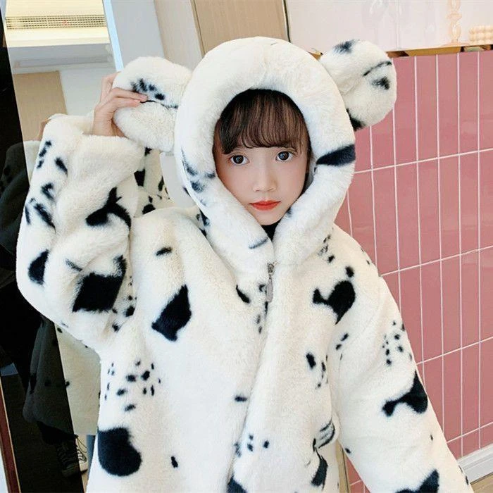 儿童棉服毛毛外套女童新款加绒加厚洋气冬装中长款仿皮草棉衣