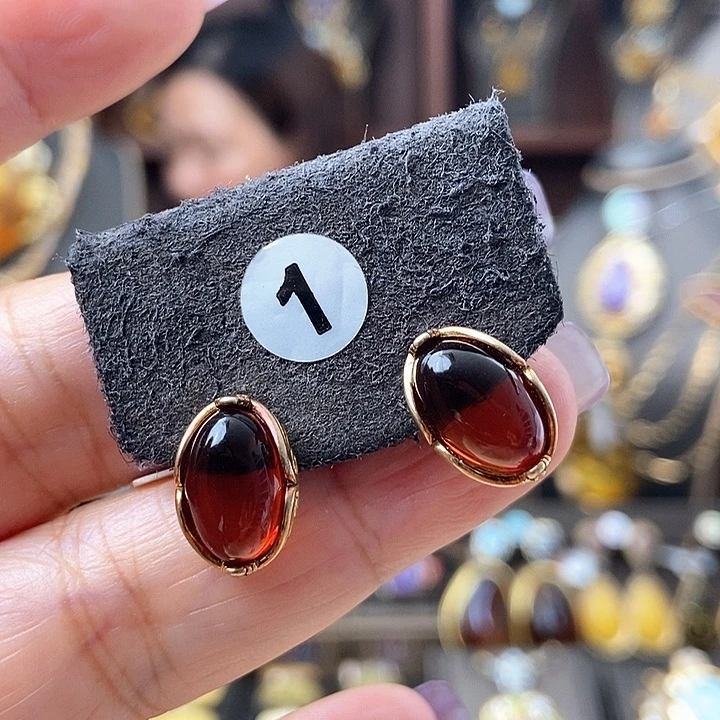 琥珀耳饰银S925镶嵌耳钉