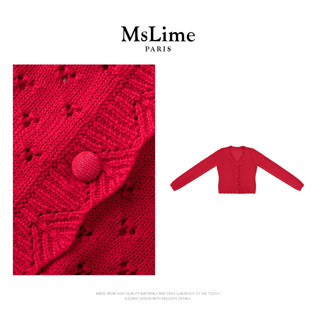 王嬛嬛MsLime25年新款【菲林假期】进口棉红色毛织上衣 HD2C0008