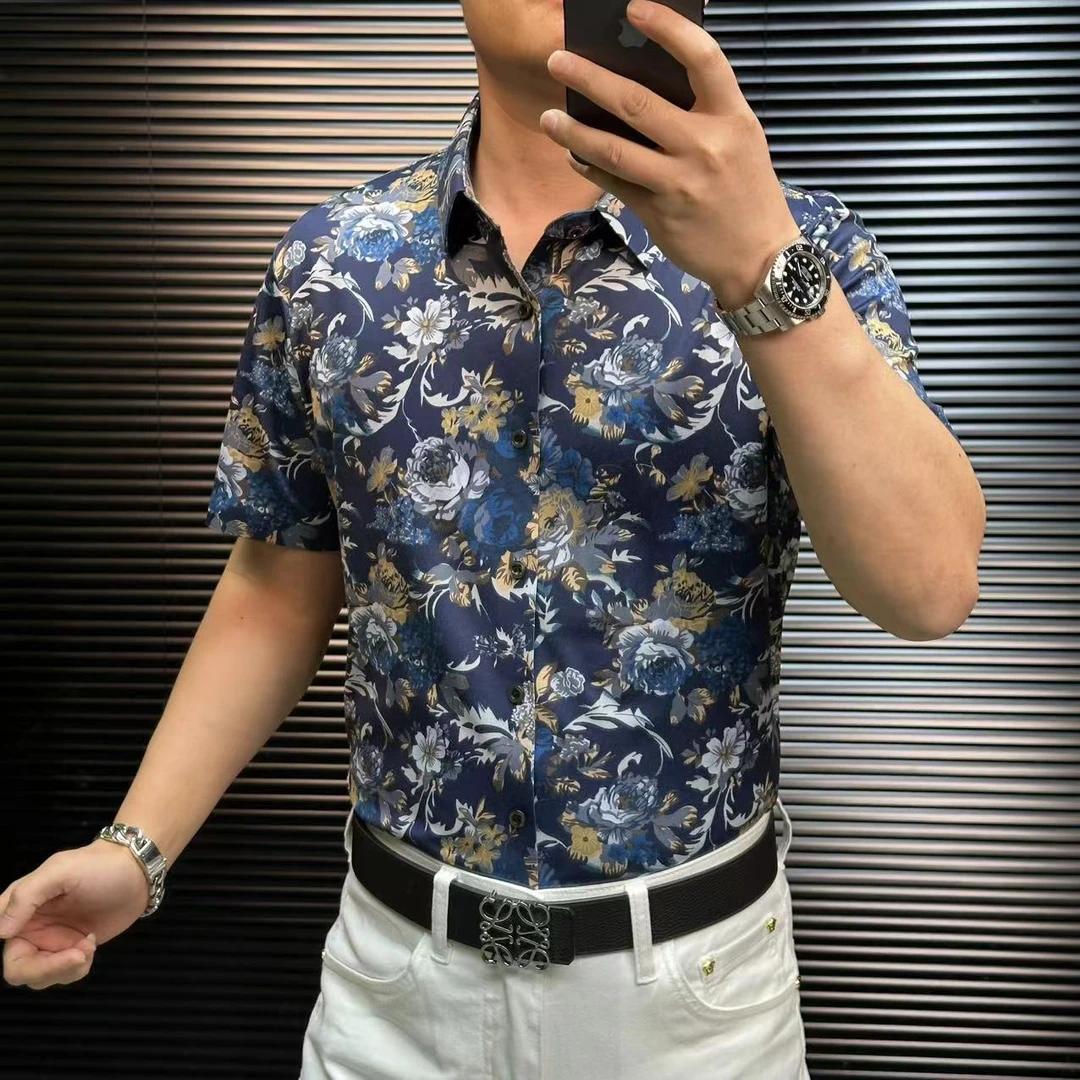 FLD甄选桑蚕丝新款无缝免烫高弹力高品质男士花卉印花短袖衬衫