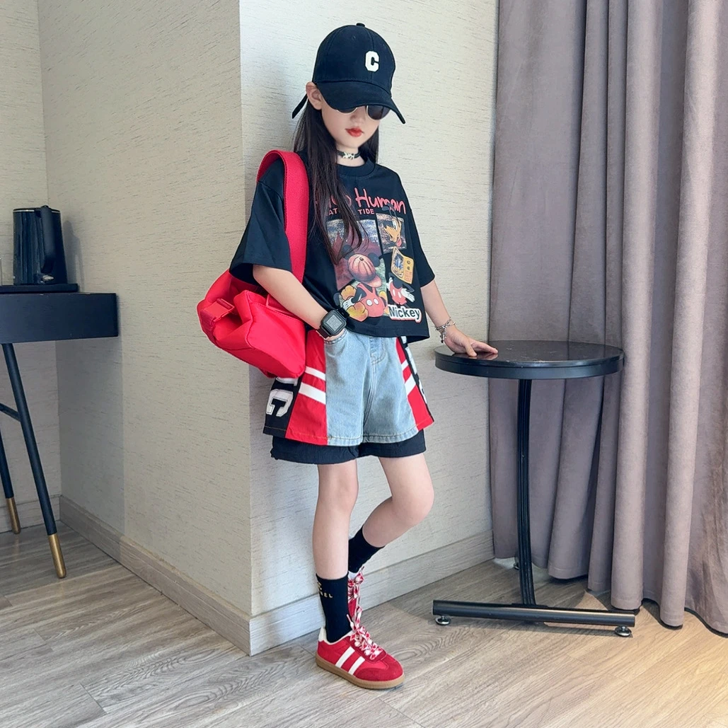 女童酷飒套装2025新款夏季卡通宽松短袖儿童牛仔拼接短裤两件套