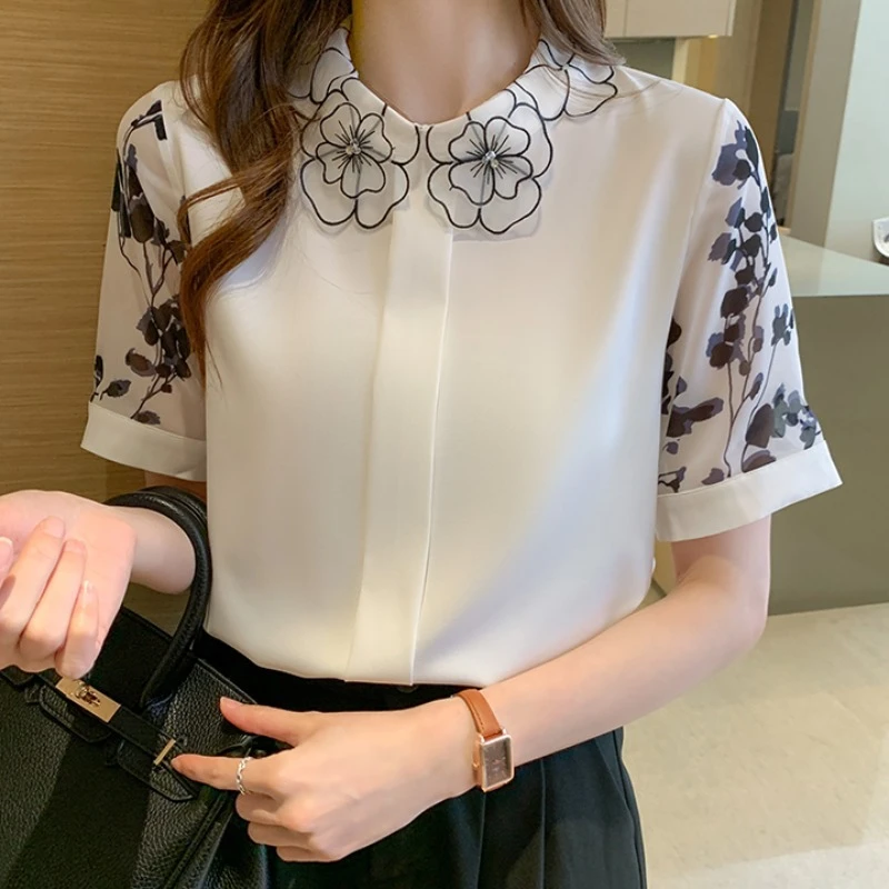 2025年新款夏装女装短袖时尚雪纺衬衫女士感上衣气质打底小衫