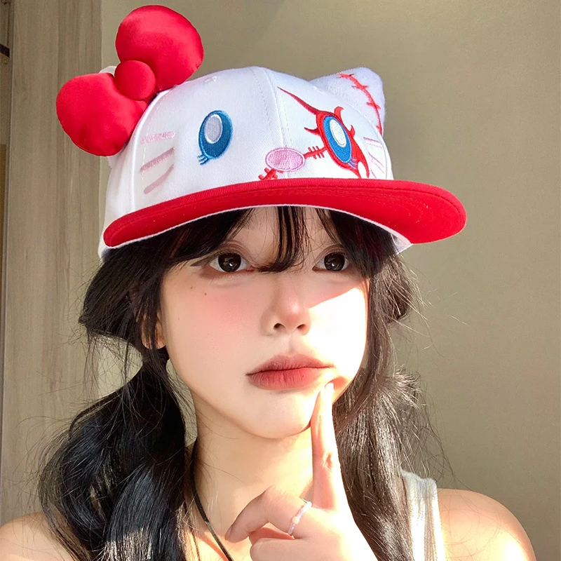 y2k亚文化恶搞kitty猫棒球帽女可爱蝴蝶结平檐鸭舌帽显脸小帽子