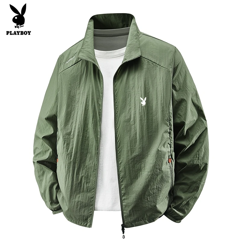 花花公子夏季超薄外套休闲大码男士防晒衣宽松立领轻薄透气皮肤衣