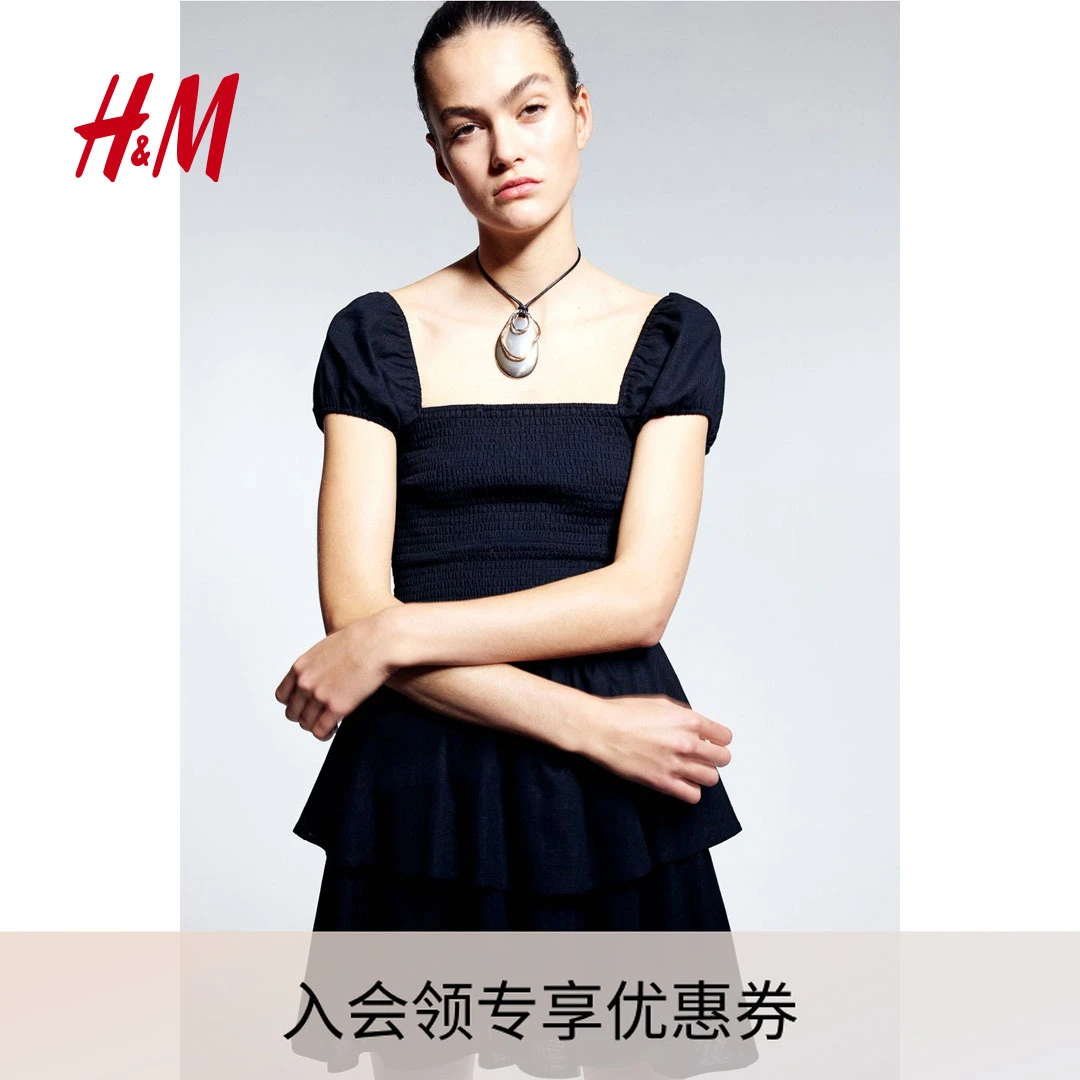 HM女装连衣裙夏季 新款分层裙摆缩褶方领泡泡袖公主裙1219988