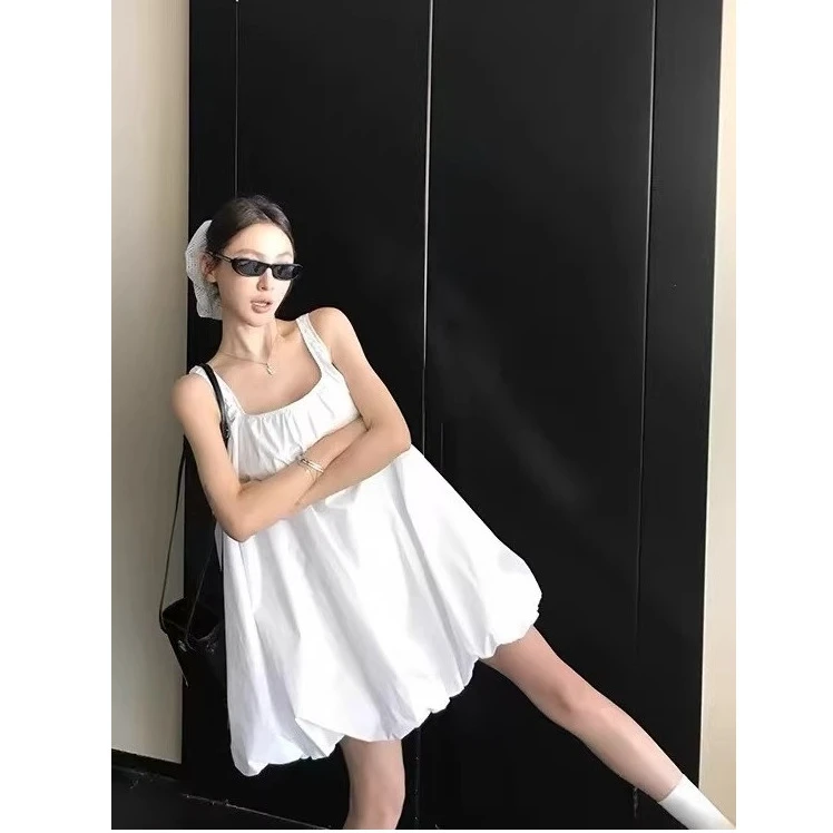 白色简约纯色花苞裙夏季新款宽松休闲字裙小众设计感气质连衣裙