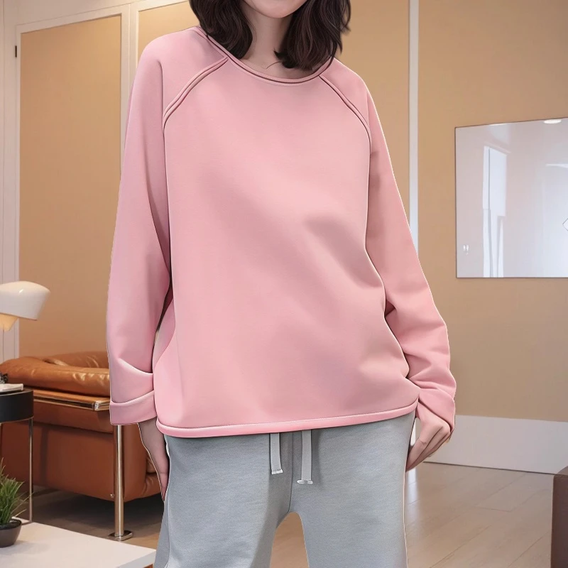 韩系简约设计感卷边拼接卫衣女早秋新款减龄慵懒显瘦遮肉圆领上衣