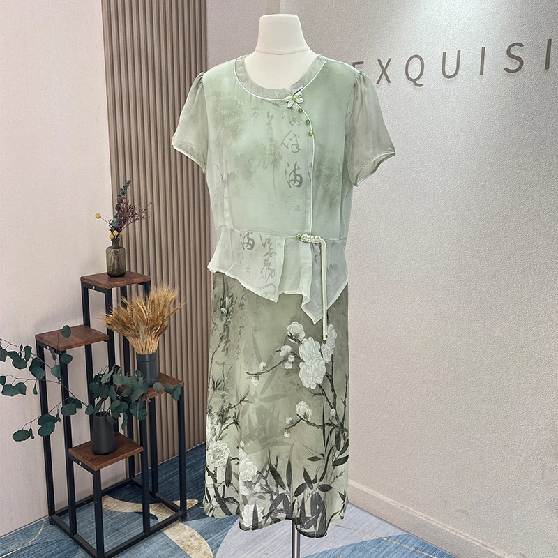 妈妈连衣裙夏装洋气国风半身裙2025新款中老年宽松大码假两件长裙