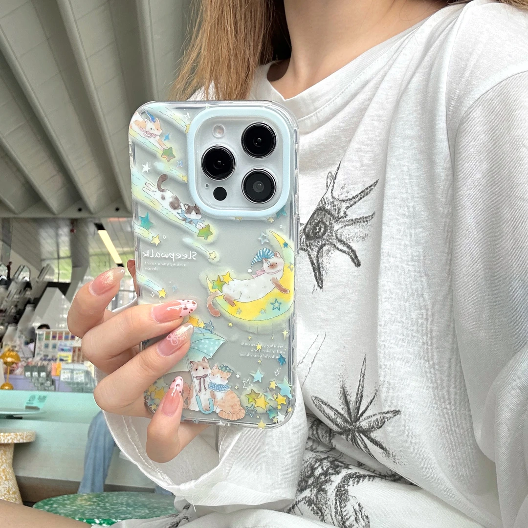 可爱睡眠月亮猫咪适用苹果16promax双层iphone15pm手机硬壳14透明