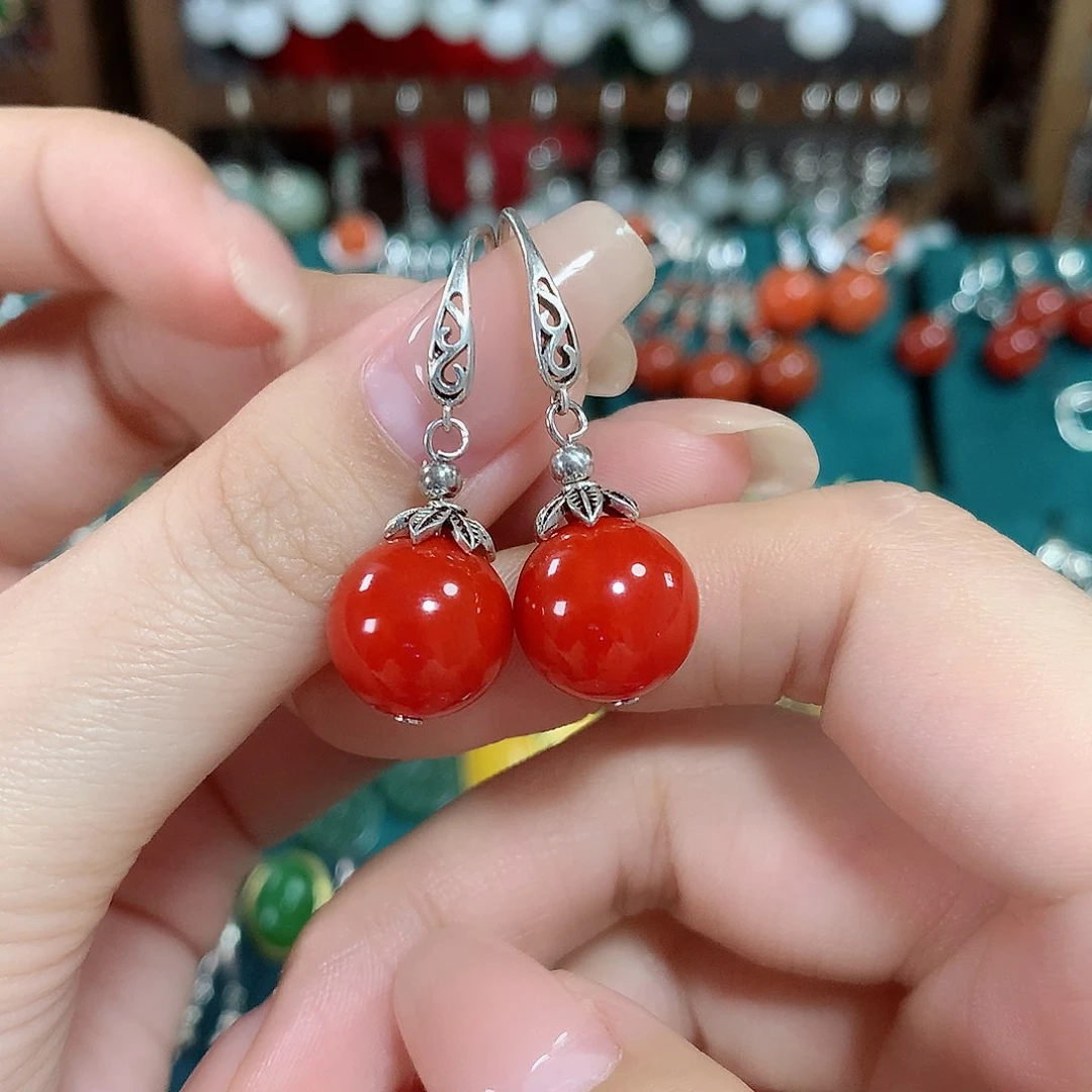 玛瑙/玉髓耳饰银S925镶嵌天然红玛瑙12mm左右（锦红）