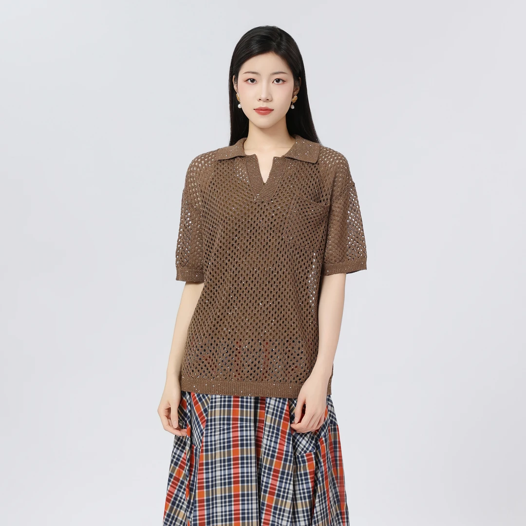 AMASS/阿玛施新款镂空百搭短袖T恤气质设计款简约Polo衫女538008