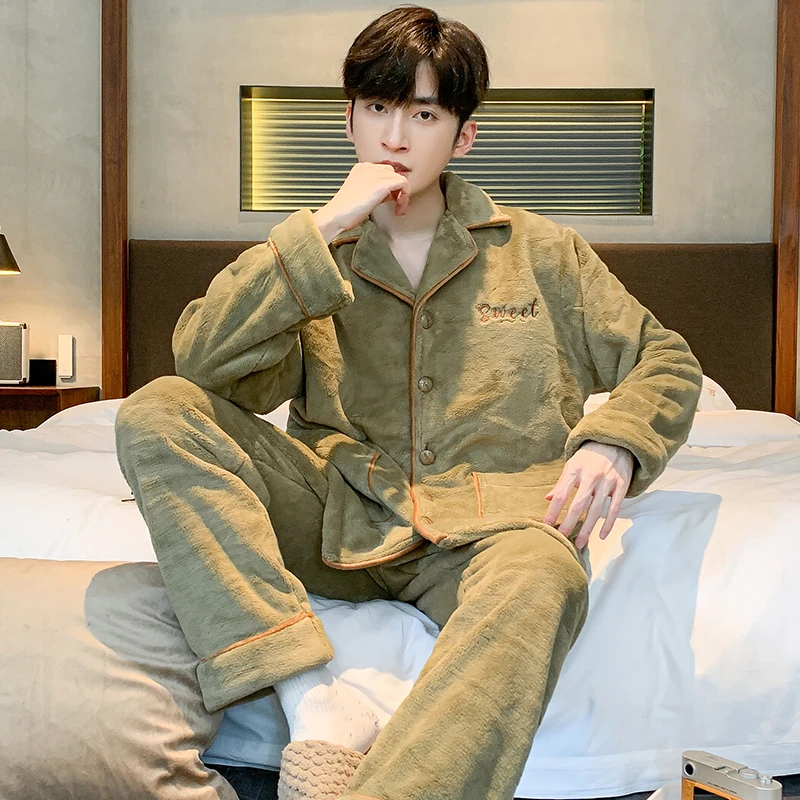 芬腾可安秋冬款珊瑚绒加厚男士睡衣套装翻领开衫长袖可外穿家居服