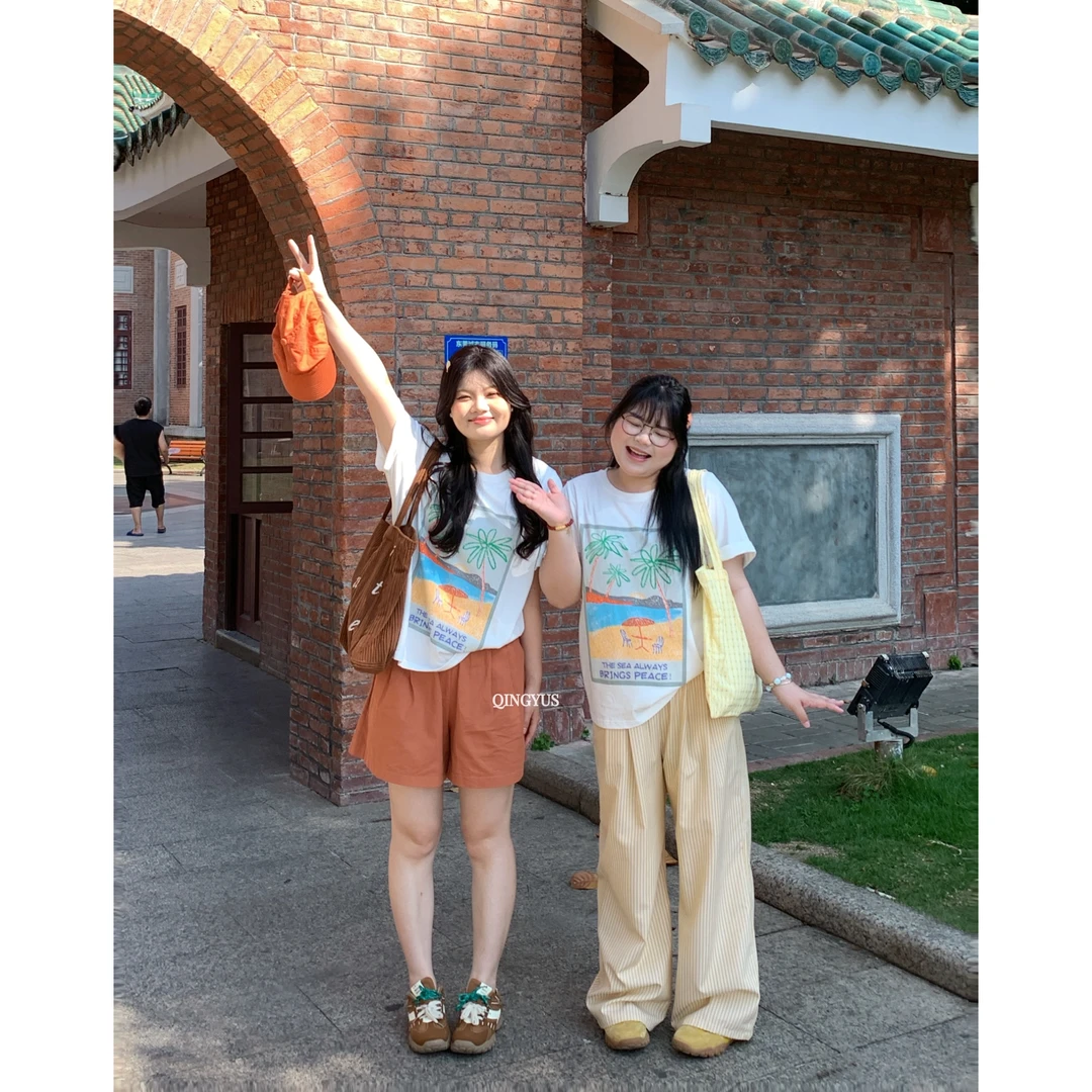 青屿衫「230g」设计感沙滩印花宽松T恤松弛感微胖显瘦春季大码女装