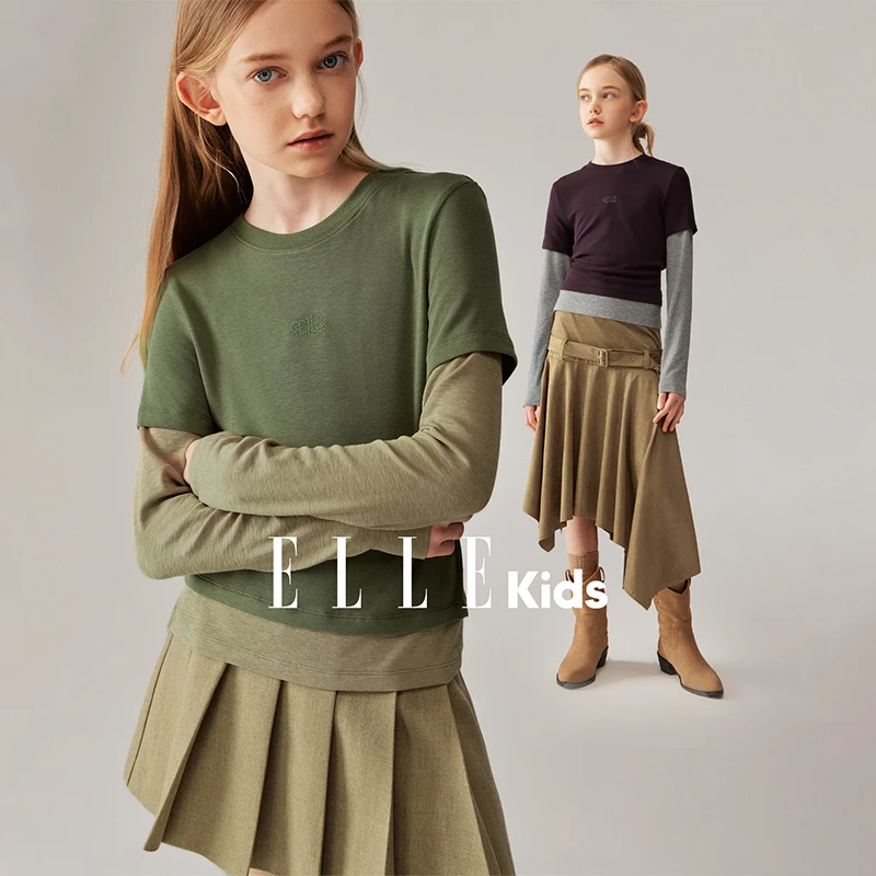 3948 ELLE KIDS 百搭假两件打底衫女童秋季新款烫珠撞色拼接T恤Q1