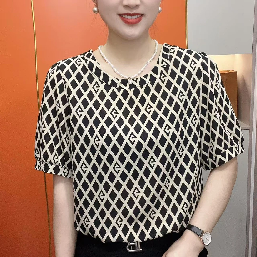 夏季新款妈妈装休闲减龄洋气格子短袖上衣百搭时尚3638