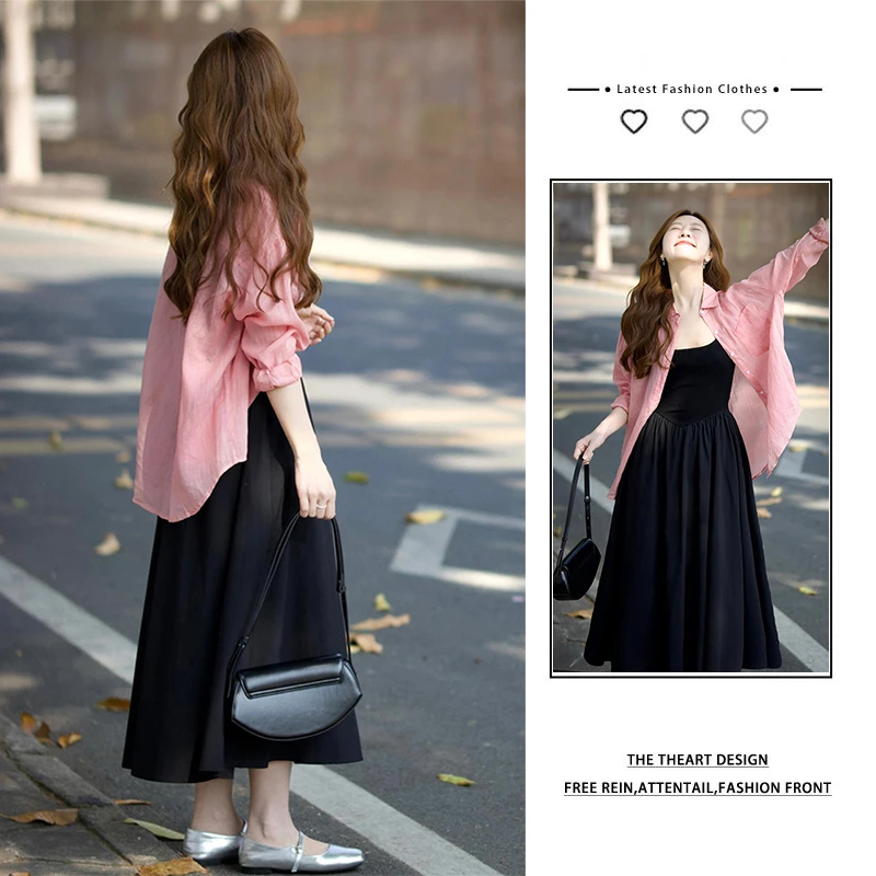 夏装搭配一整套大码胖mm防晒衬衫吊带连衣裙韩系温柔独特套装裙