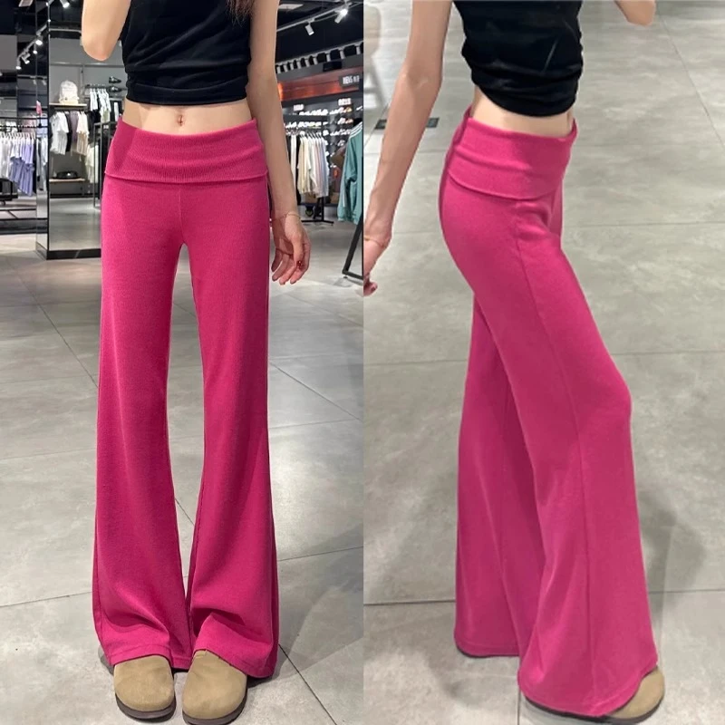 玫红色喇叭裤女夏季阔腿裤高腰微喇叭垂感百搭薄款高腰裤子休闲裤