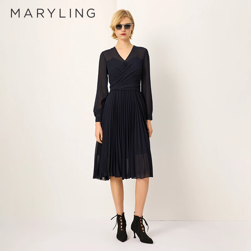 MARYLING玛俪琳2025初春新品深蓝色V领中长款连衣裙A1FAW61390