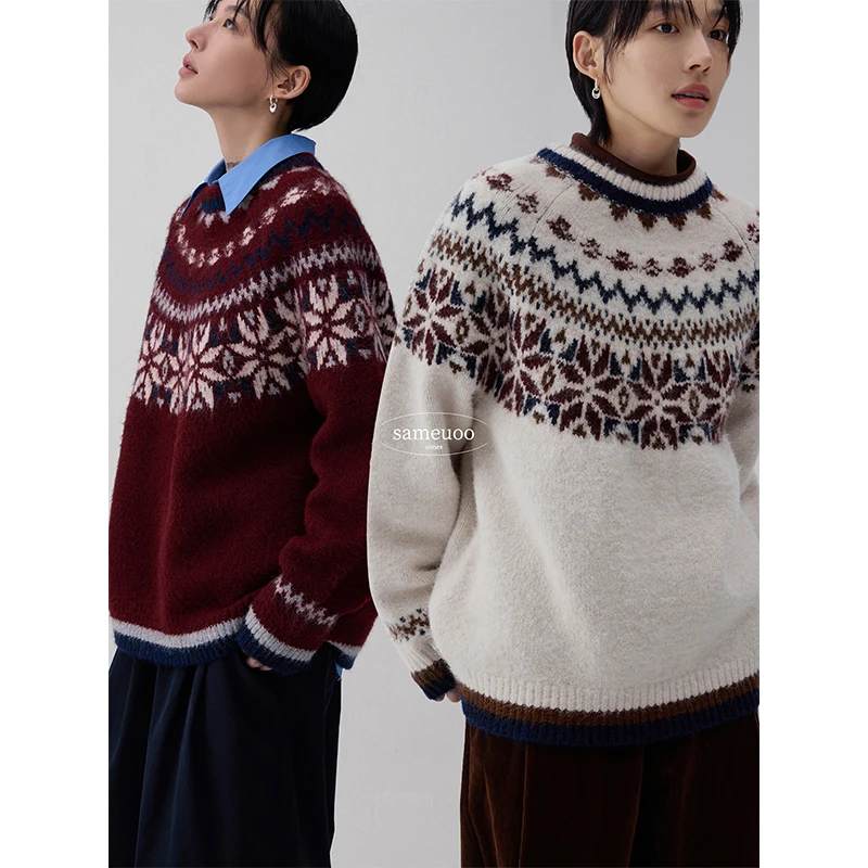 散养文化sameuoo费尔岛2025新年毛衣咩咩毛针织红色圆领加厚保暖