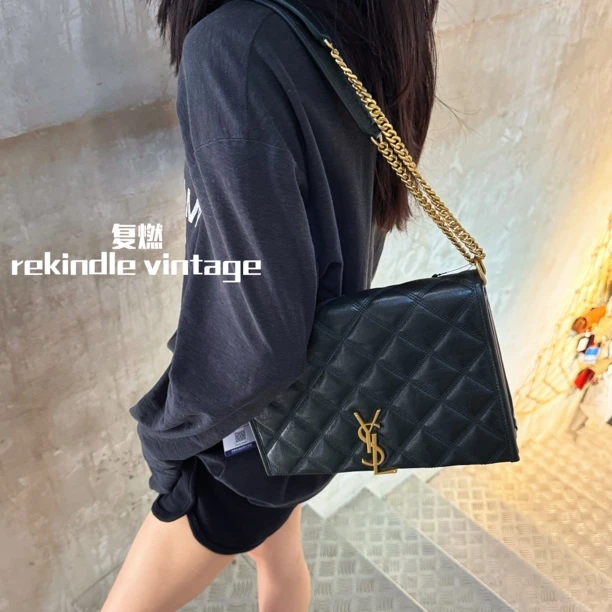 95新 YSL/圣罗兰 复燃精选/墨绿色中号Becky链条包