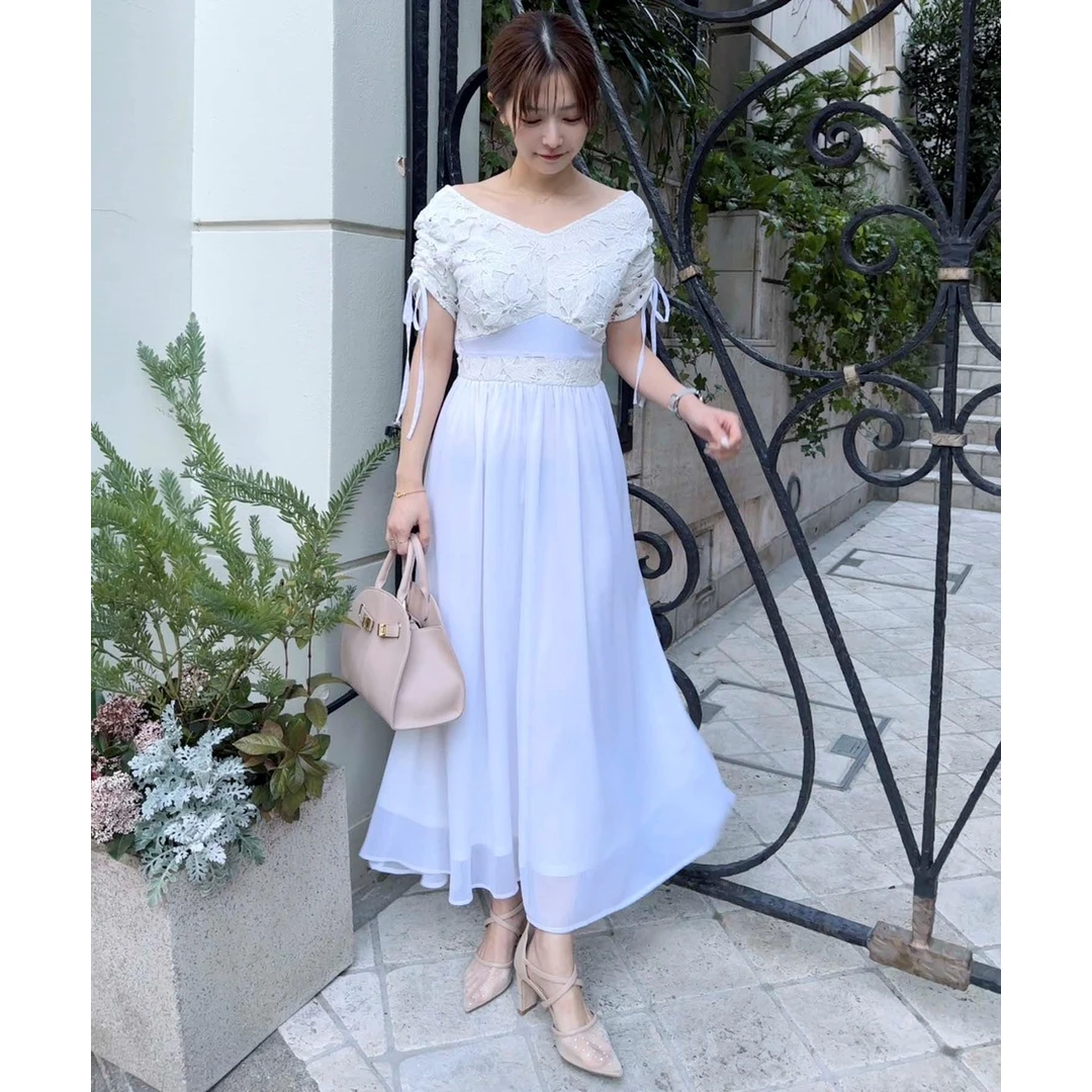 【表姐家】夏季新款 N 欧若风优雅褶皱系带蕾丝时尚显瘦收腰连衣裙
