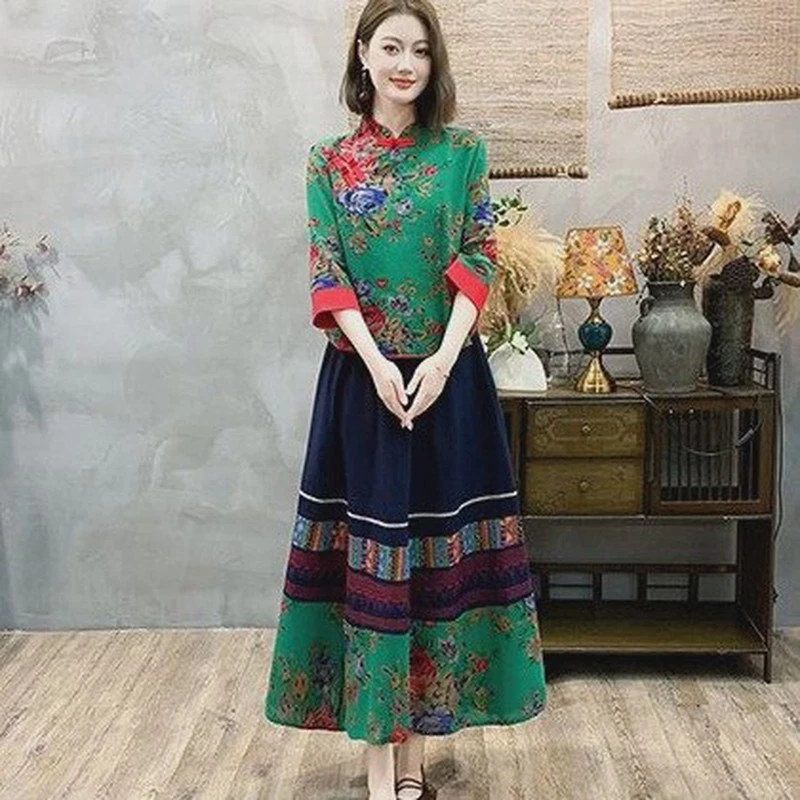 中国风新款唐装复古仿棉麻民族风印花修身半身裙上衣两件套裙套装