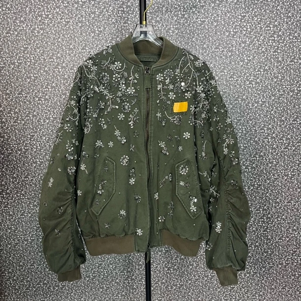 新款重工钉珠棉服外套军绿色秋冬保暖防风夹克