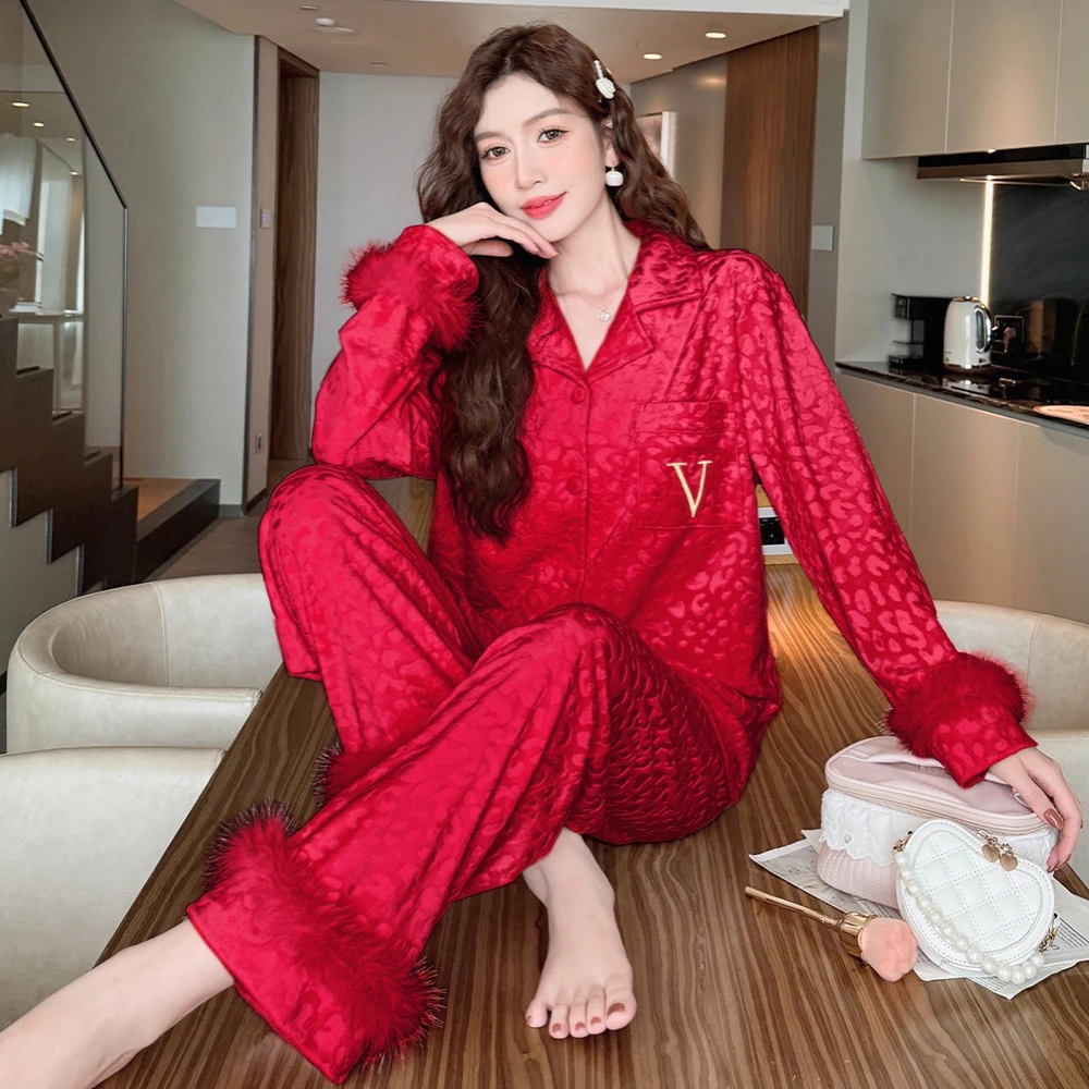 红色本命年冬季海岛绒睡衣女保暖加厚小香风长袖套装秋冬天家居服
