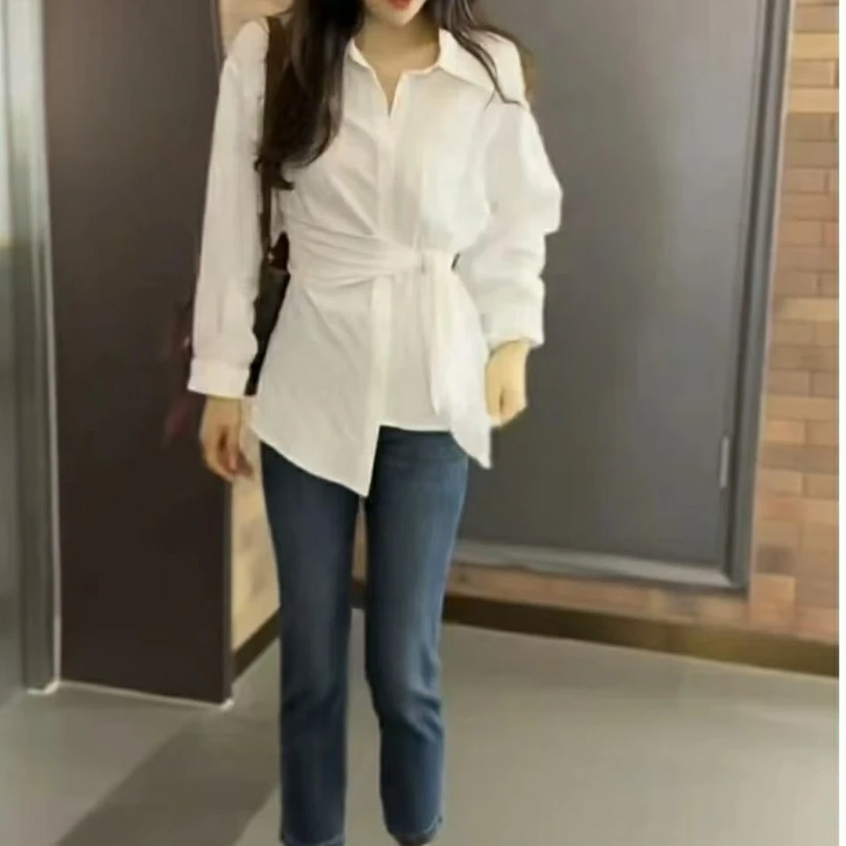 新来修身显腰细翻领长袖衬衫时尚百搭显瘦裤子女装