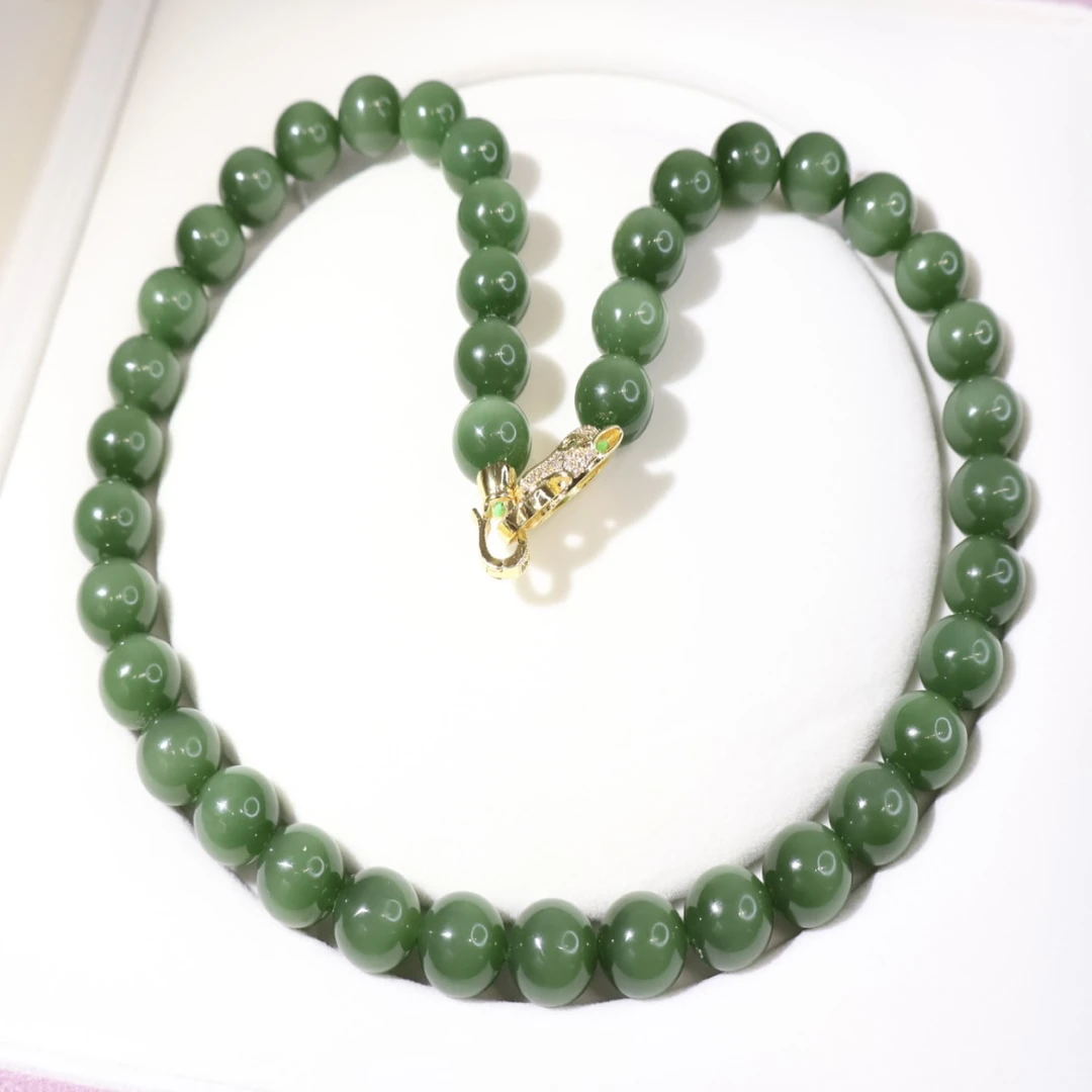 和田玉碧玉荧光猫眼女神链经典满绿女士绿色