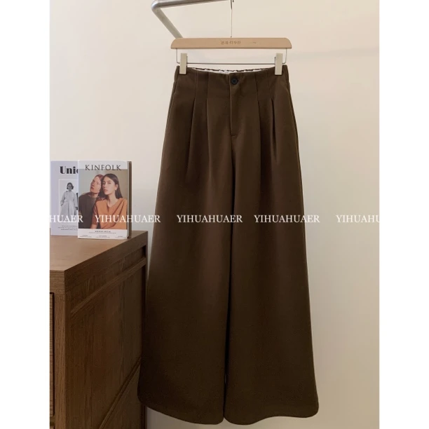 B韩国原单东大门韩版复古压褶高腰显瘦慵懒松弛感毛呢阔腿裤9677