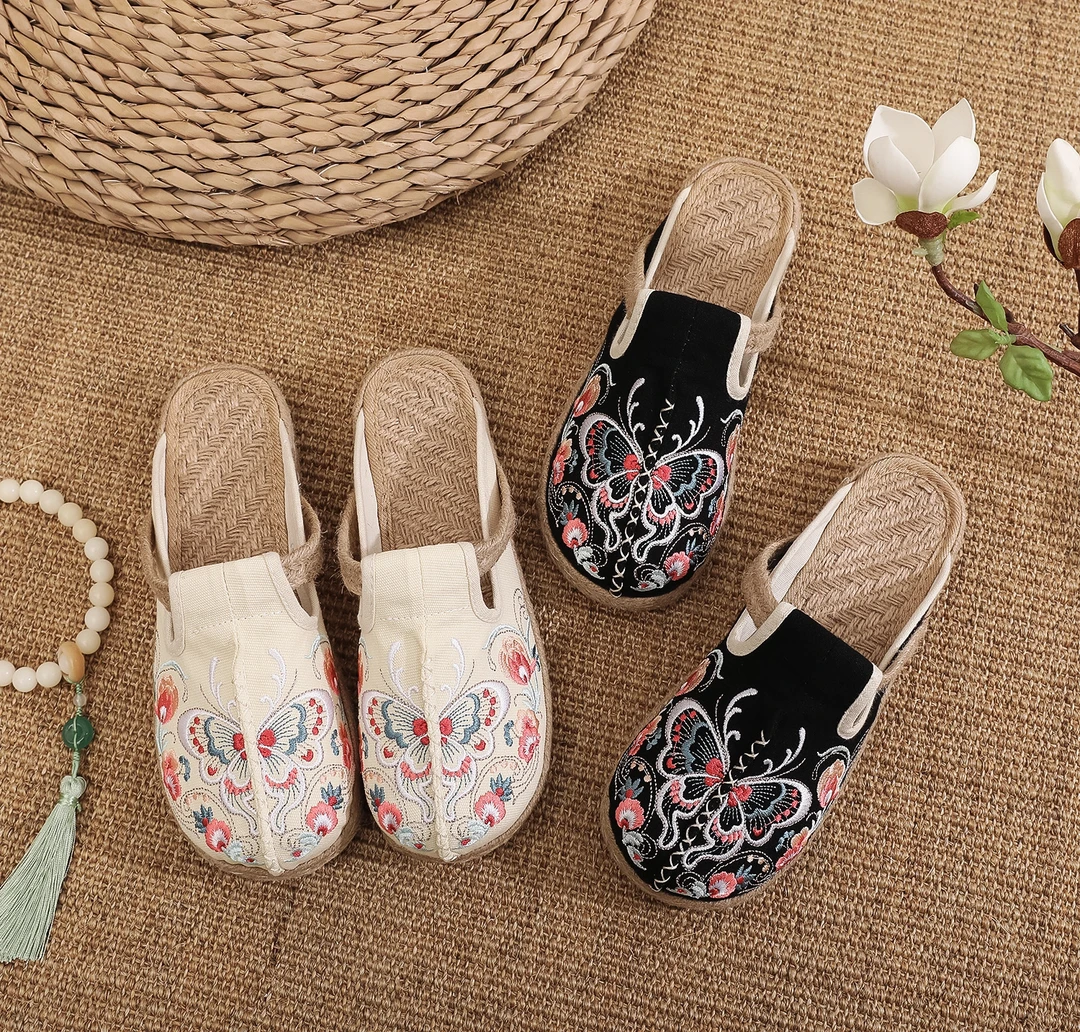 防滑民族风女绣花布鞋透气休闲单鞋夏季包头老北京布鞋拖鞋