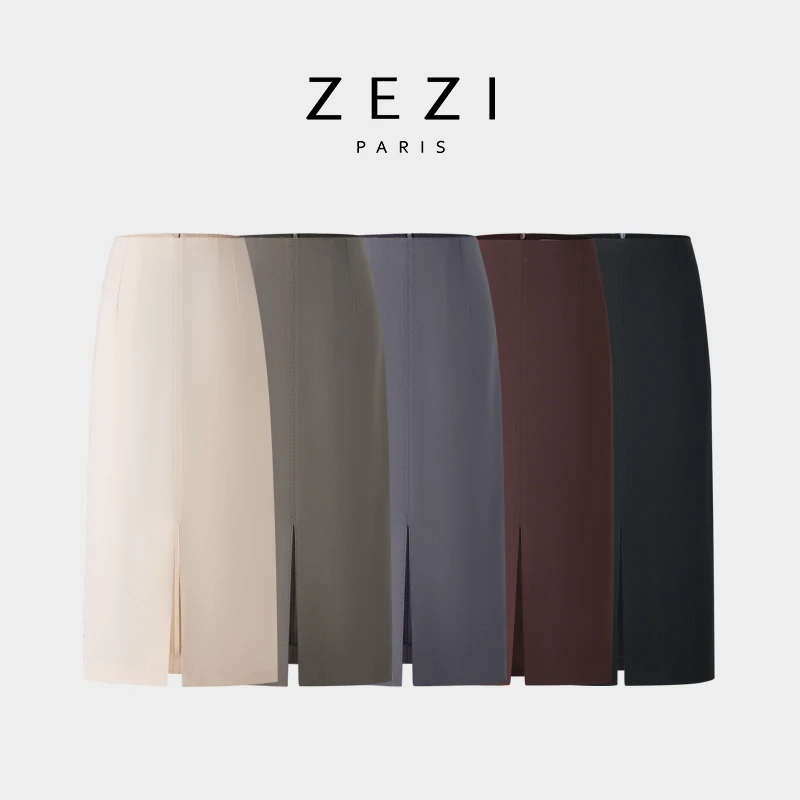 ZEZI前开叉半裙三醋酸半身裙高腰显瘦半裙直筒休闲裙时尚气质通勤