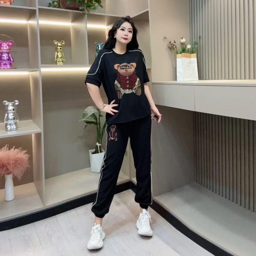 夏季两件套-玲 时尚洋气休闲小熊亮闪显瘦百搭款胖MM大码女装新款