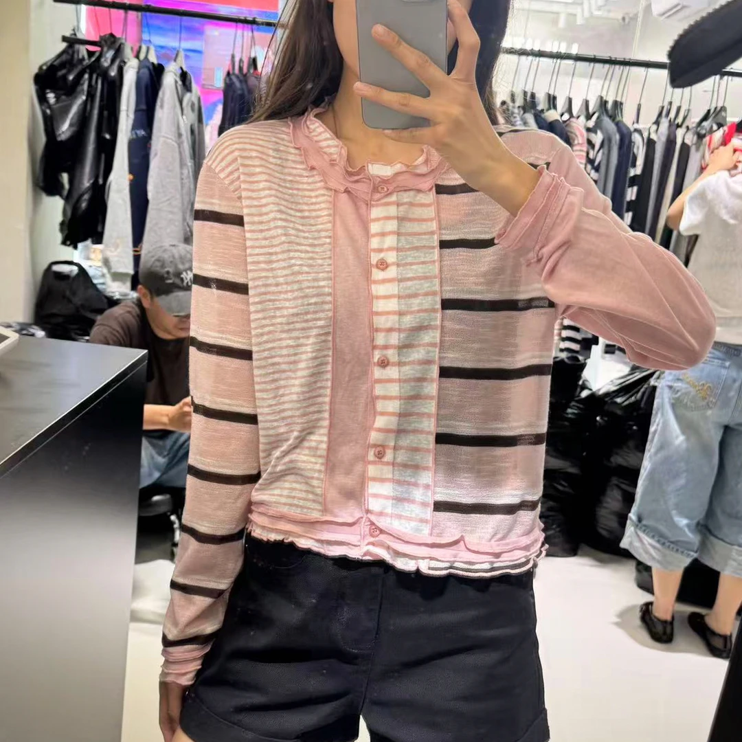 深圳出品小泉优选条纹假两件款百搭休闲女针织上衣毛针织衫秋季