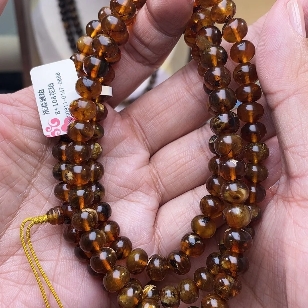 琥珀未镶嵌手链8花蜡108