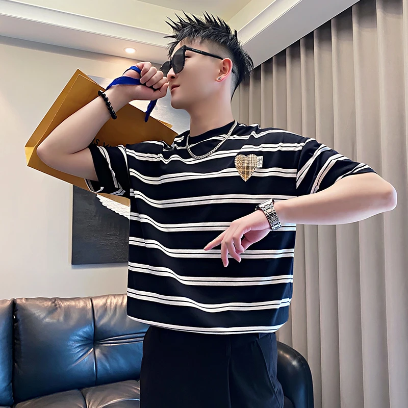 潮牌撞色条纹短袖T恤男夏季痞帅宽松半截袖时尚休闲百搭体恤上衣