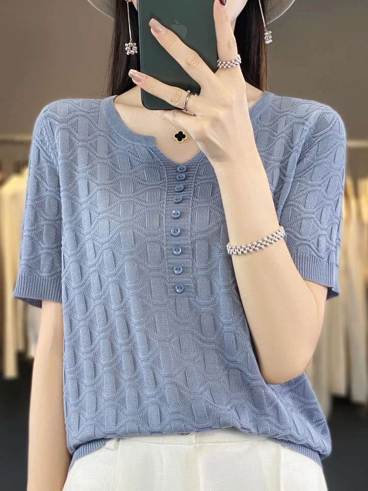 冰丝短袖t恤女2025新款大码女装夏季针织衫短款宽松洋气薄款上衣