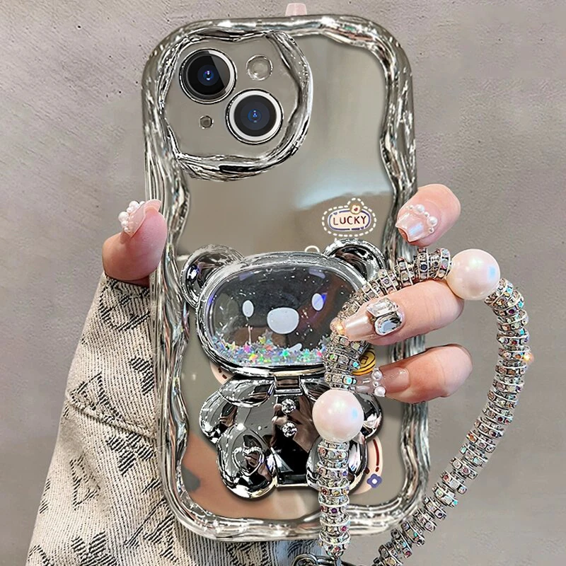 适用苹果15手机壳高级银小富婆流沙镜子支架全包防摔保护女款潮牌