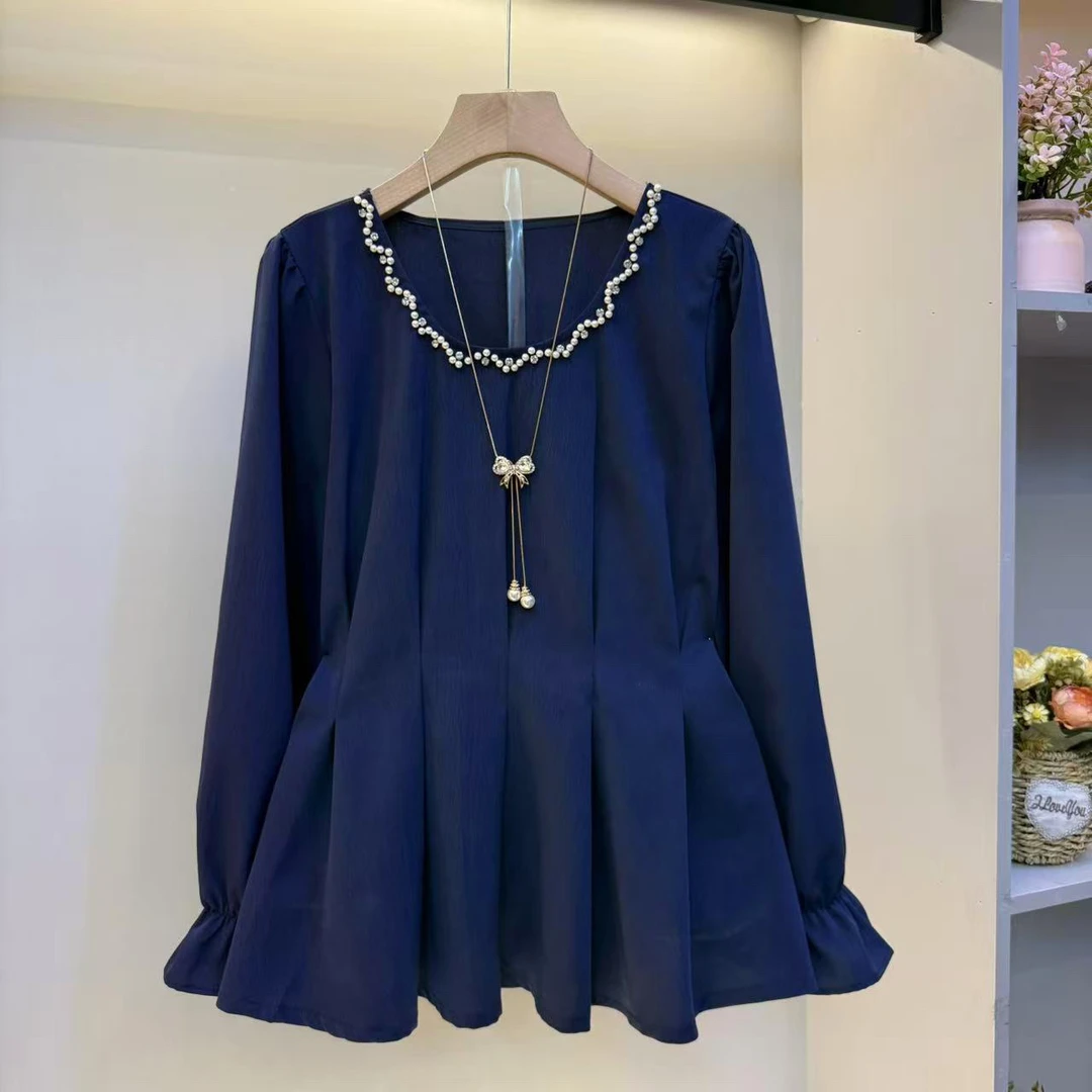 2025大码女装圆领钉珠设计感收腰显瘦女人衫