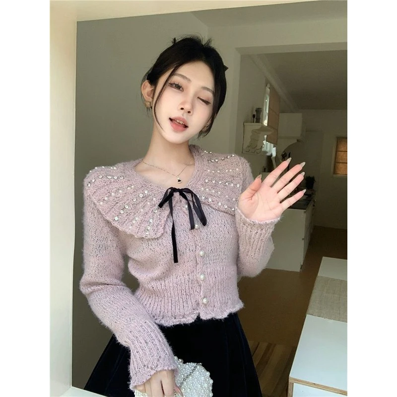 日系蝴蝶结翻领钉珠针织开衫女秋冬新款珍珠设计感甜美毛衣外套