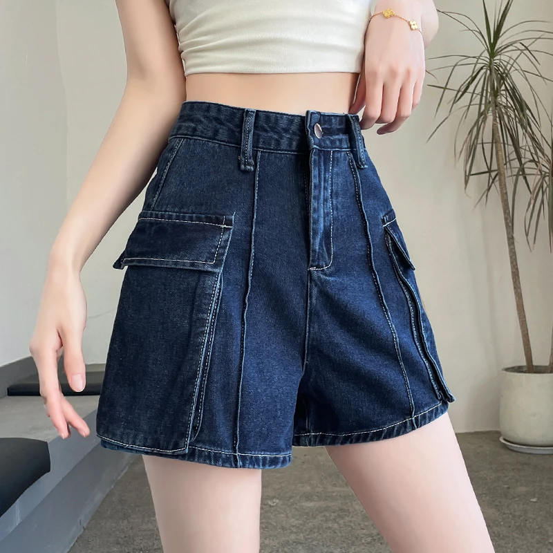 美式工装牛仔短裤女士2025夏季薄款a字高腰小个子多口袋四分裤子
