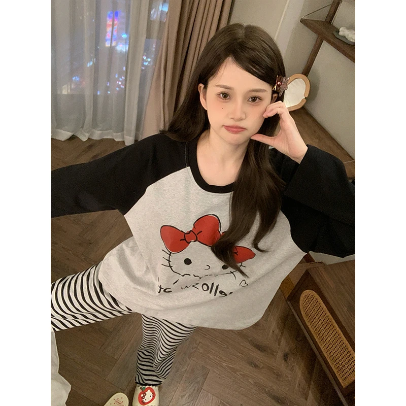 芯语婷春秋季新款灰黑插肩凯蒂猫女士睡衣冬季长袖家居服可外穿