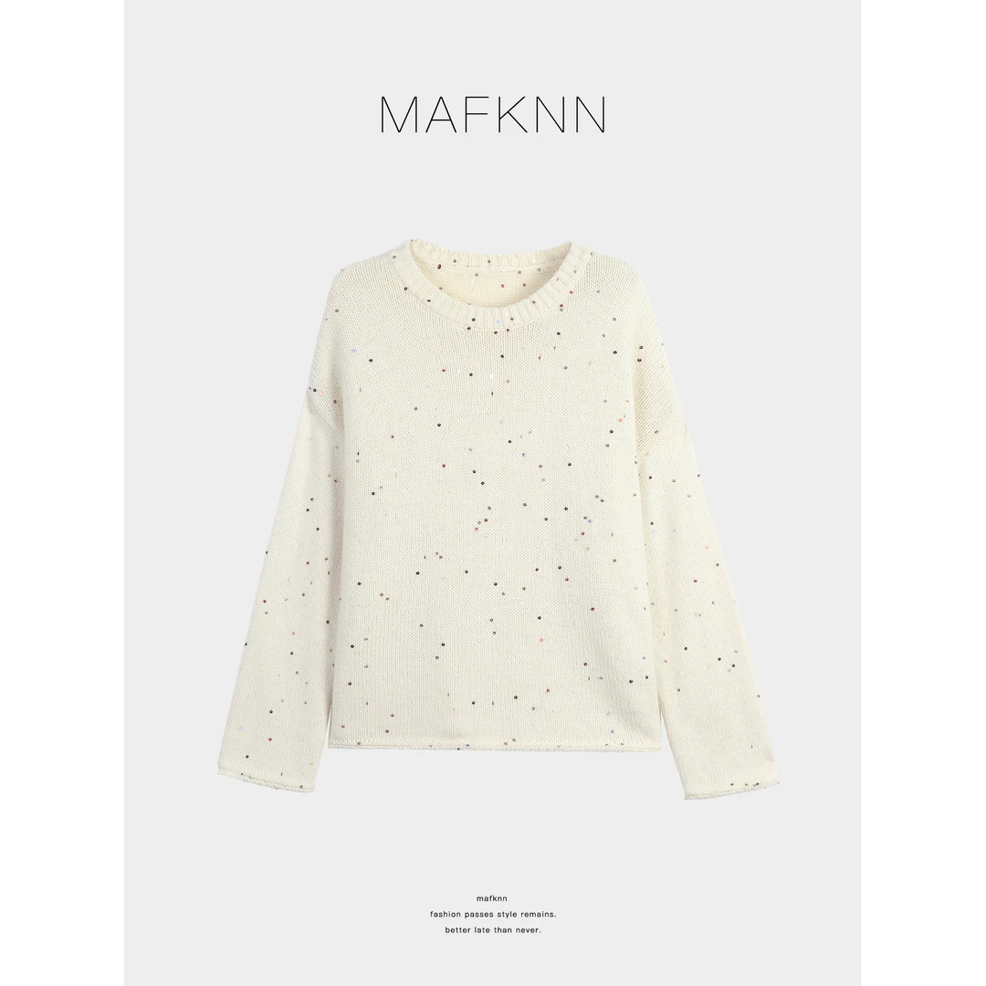 MAFKNN/玛肯时尚休闲简约纯色百搭波点亮片内含绵羊毛毛衣MK13907