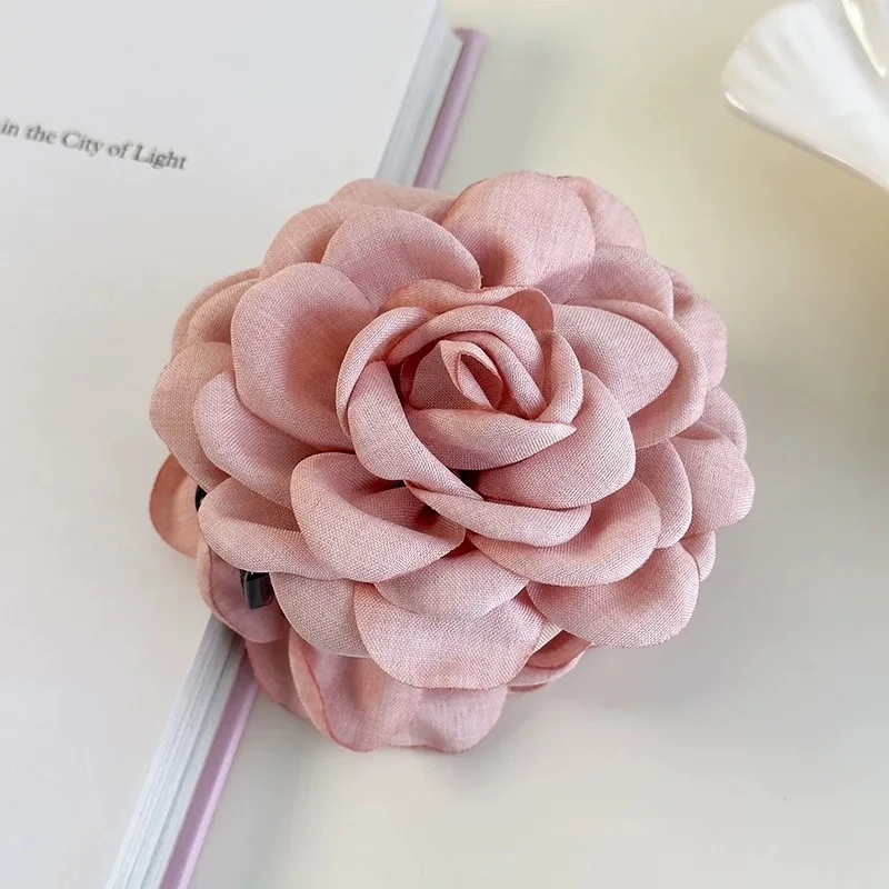 粉色玫瑰花半扎发抓夹女高级感新款花朵发夹后脑勺头花鲨鱼夹1434