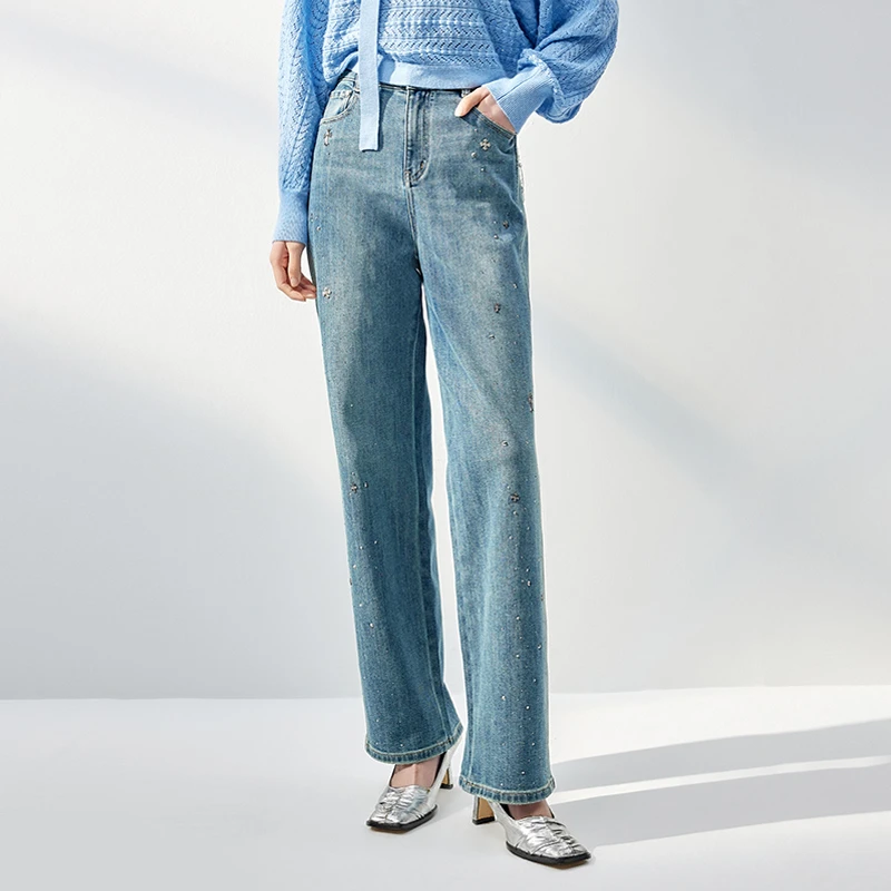 【尚雅专属】商场同款秋季新品时髦烫钻牛仔阔腿裤N138B43679